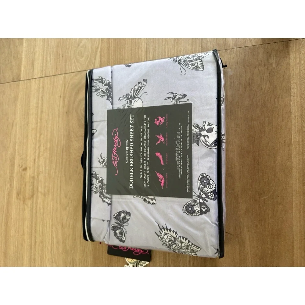 Ed Hardy Queen 6 Piece Double Brushed Sheet Set Lavender Gray Butterfly NWT